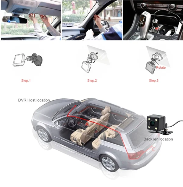 Caméra de tableau de bord intérieure du véhicule, enregistreur vidéo DVR de voiture à 3 canaux, caméra à 3 voies, enregistreur vidéo, caméscope Prada Cam – Image 3